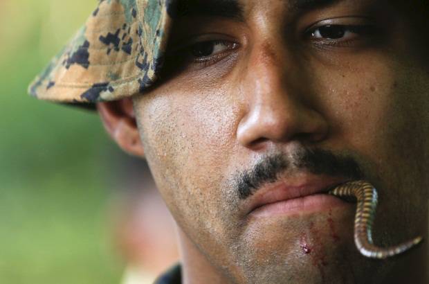 REUTERS - Los casi 13.000 uniformados se someten a escalofriantes pruebas como tomar sangre de cobras venenosas, un ejercicio de supervivencia que se realiza en una base militar en la provincia de Chon Buri, Tailandia.