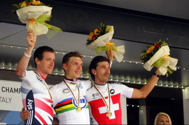 LUIS ENRIQUE BARBOSA - El podio del Mundial de contrarreloj. Tony Martin, Bradley Wiggins y Fabi&#225;n Cancellara.