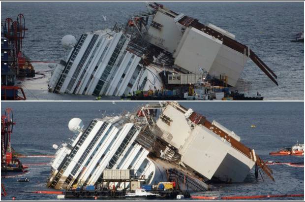 FOTOS AP - Una vez que el crucero se encuentre ya en posici&#243;n vertical se pasar&#225; a la fase sucesiva con la instalaci&#243;n de quince nuevos flotadores-estabilizadores en la parte izquierda del casco y, gracias a un sistema neum&#225;tico, se expulsar&#225; el agua de forma gradual de su interior para reflotar el barco.