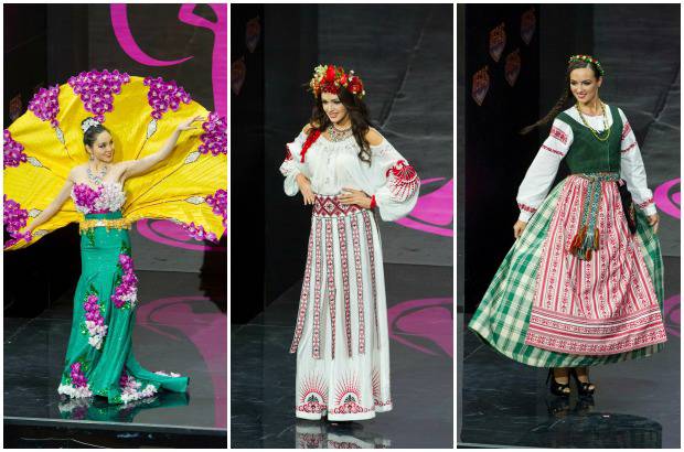 Reuters - Shi Lim, Miss Singapur; Olga Storozhenko, Miss Ucrania y Simona Burbaite, Miss Lituania.