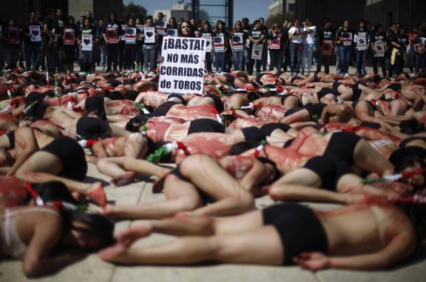 Reuters - En el acto los activistas formaron una valla humana con carteles y gritaron consignas para exigir la abolición de las corridas, además de repartir folletos entre las personas que circulaban por el lugar.