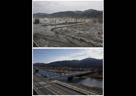 Reuters - Japón es un ejemplo de recuperación tras el tsunami y terremoto que lo afectó. La fotografía superior muestra una ola rompiendo en un camino y el puente en Iwate. La imagen inferior enseña el mismo lugar casi un año después.