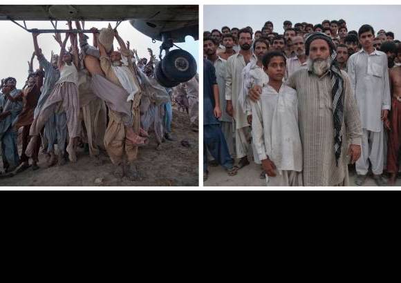 Reuters - Mohammed Farhan, de 12 años y Allah Dita, de 64 años, tratan de escapar de las inundaciones en las barras laterales de un helicóptero del ejército. Un años después Farhan y Dita celebran haber sobrevivido a la tragedia.