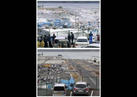 Reuters - El tsunami y terremoto de magnitud 9.0 dejó serios daños en Japón. La combinación de fotos da cuenta de como se ha logrado la reconstrucción. Arriba una ola rompe en el puerto pesquero en Miyako, Prefectura de Iwate, al noreste de Japón. Abajo, el mismo lugar un año después.