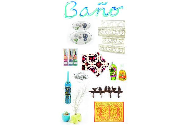 - Jaboneras de vidrio, AtHome; Un aire romático tiene esta repisa de alambre, Masala; Difusores de aromas de Hocus Pocus, en 902; Juego de toallas, 902; Gel de ducha y jabón líquido de piña, Casa Trece; Cepillo de baño, Pylones; Candelabro, Romanza; Perchero pájaros, Romanza; Plantitas de Habibi, Casa Trece y 10. Estera de India, Masala.