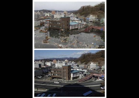 Reuters - La fotografía muestra la combinación en la misma ubicación en Miyako, Prefectura de Iwate, Japón noreste en dos fechas distintas, 11 de marzo de 2011 (arriba) y 17 de febrero de 2012 (abajo). La fotografía superior enseña las calles inundadas después del desastre natural de magnitud 9.0. Abajo, el mismo sitio casi un año después.