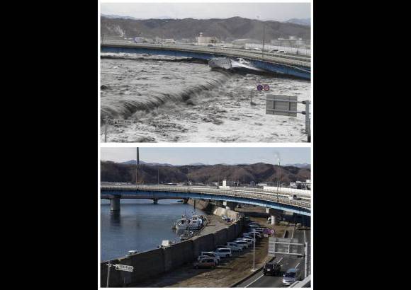 Reuters - Una fotografía muestra la combinación en la misma ubicación en una calle de Miyako, Prefectura de Iwate, Japón noreste en dos fechas distintas, 11 de marzo de 2011 (arriba) y 17 de febrero 2012 (abajo). La fotografía superior enseña una ola rompiendo en la calle. La fotografía inferior da cuenta del mismo lugar casi un año después.