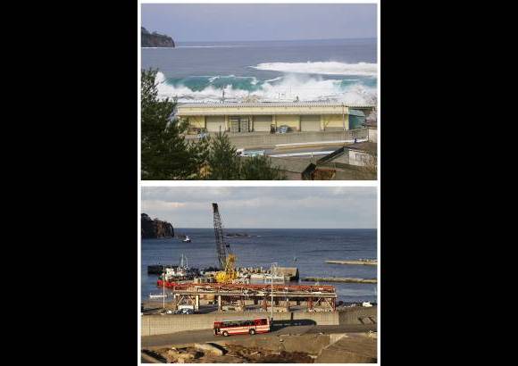 Reuters - Esta fotografía muestra la combinación en la misma ubicación en un puerto pesquero en Miyako, Prefectura de Iwate, noreste de Japón en dos fechas distintas, 11 de marzo de 2011 (arriba) y 16 de febrero, 2012 (abajo). La fotografía superior da cuenta de una ola rompiendo en el puerto después del terremoto de magnitud 9.0. La fotografía inferior muestra el mismo lugar casi un año después.