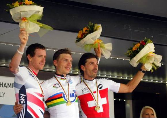 LUIS ENRIQUE BARBOSA - El podio del Mundial de contrarreloj. Tony Martin, Bradley Wiggins y Fabi&#225;n Cancellara.