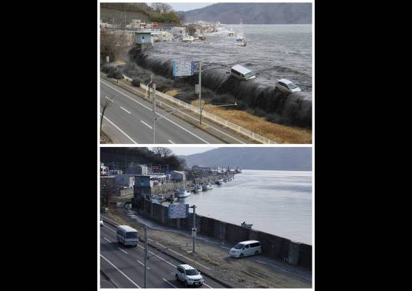Reuters - La fotografía superior muestra una ola de tsunami cuando se estrella contra una calle después del trremoto de magnitud 9,0. Abajo, el mismo espacio tras las labores de reconstrucción. Un ejemplo a seguir.