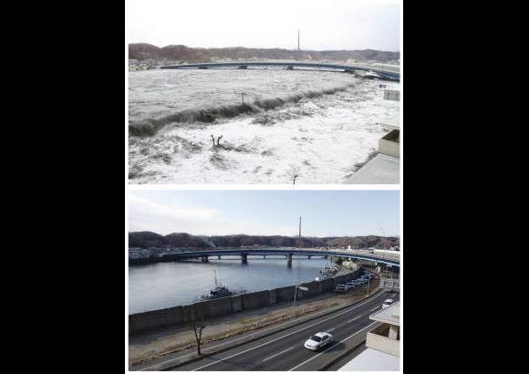 Reuters - Esta fotografía muestra la combinación en la misma ubicación en una calle de Miyako, Prefectura de Iwate, al noreste de Japón en dos fechas distintas, 11 de marzo de 2011 (arriba) y 17 de febrero 2012 (abajo). La fotografía superior enseña una ola rompiendo sobre una calle. La inferior, el mismo lugar casi un año después.
