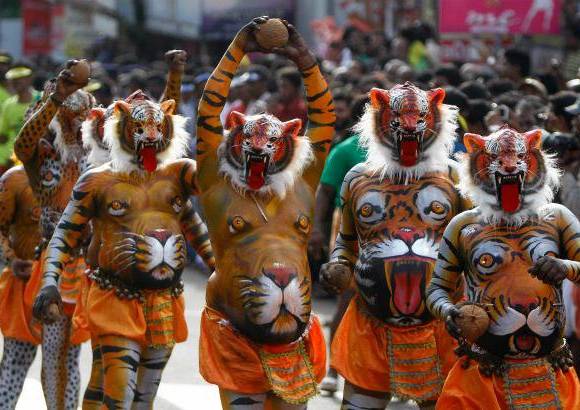 REUTERS - Onam es un festival anual hind&#250; celebrado en Kerala, India, dedicado a la cosecha y que se realiza durante el mes de Chingam (Agosto-Septiembre). Una de sus festividades es el Pulikali o la danza del tigre. Los bailarines, entre ellos algunos ni&#241;os, pintan sus cuerpos con la imagen del felino m&#225;s grande del mundo, en una expresi&#243;n cultural que gira en torno al tema de la caza del animal.