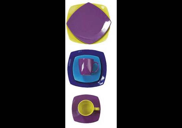 Mesa: vajillas contemporáneas - Yuan, Nilo, Galicia, Oka, Burgos y Pantone son las diferentes líneas de la nueva colección de vajillas contemporáneas de Corona. La imagen muestra las formas cuadradas y los colores sólidos que propone la línea Pantone para darle color a la mesa.