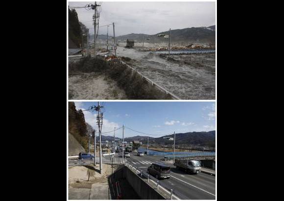 Reuters - La fotografía muestra la combinación en la misma ubicación en una calle de Miyako, Prefectura de Iwate, noreste de Japón en dos fechas distintas, 11 de marzo de 2011 (arriba) y 17 de febrero 2012 (abajo). La fotografía superior enseña una ola rompiendo en un camino y el puente. Abajo, el mismo lugar casi un año después tras la impresionante reconstrucción.