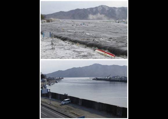 Reuters - Esta fotografía muestra la combinación en la misma ubicación en una calle de Miyako, Prefectura de Iwate, Japón noreste en dos fechas distintas, 11 de marzo de 2011 (arriba) y 17 de febrero 2012 (abajo). La fotografía superior da cuenta de una ola rompiendo en la calle. La inferior, el mismo lugar casi un año después.