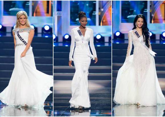 Reuters - Stephanie Tency, Miss Pa&#237;ses Bajos; Miss Titi Yitayish, Miss Israel y Yumi Kim, Miss Corea, tambi&#233;n de blanco, para algunos un desfile muy aburrido.
