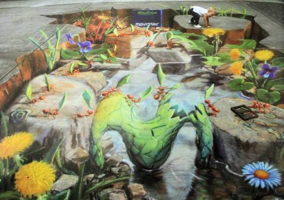 Foto: Cortes&#237;a - El artista brit&#225;nico Julian Beever se especializ&#243; en el manejo de la &#243;ptica para crear efectos tridimensionales con sus pinturas hechas con tiza. Un trabajo que va de la calle a un centro comercial de Medell&#237;n.