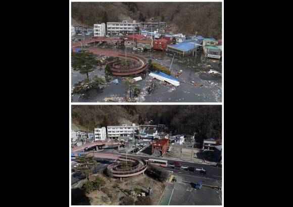 Reuters - Una fotografía muestra la combinación en la misma ubicación en Miyako, Prefectura de Iwate, Japón noreste en dos fechas distintas, 11 de marzo de 2011 (arriba) y 17 de febrero de 2012 (abajo). La fotografía superior muestra las calles inundadas después del desastre natural. La imagen inferior muestra el mismo lugar casi un año después.