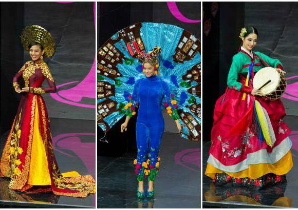 Reuters - Truong Thi May, Miss Vietnam; Stephanie Tency, Miss Pa&#237;ses Bajos y Yumi Kim, Miss Corea.