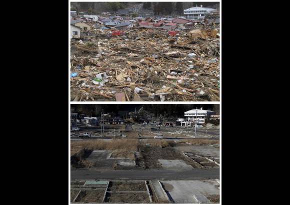 Reuters - Esta combinación muestra el mismo lugar, en Miyako, Prefectura de Iwate, Japón. Las fotos fueron tomadas el 11 de marzo de 2011 (arriba) y 17 de febrero de 2012 (abajo). La fotografía superior muestra las calles inundadas después del terremoto y tsunami. La inferior da cuenta del mismo lugar casi un año después.