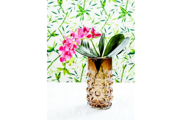 - Cristal enriquecido con círculos en relieve; follaje y orquídea, todo de Delacalle.