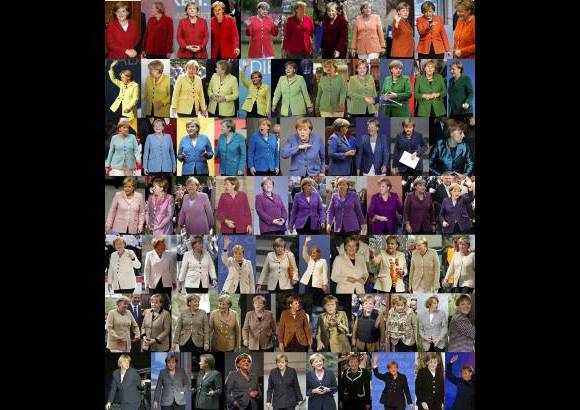 Reuters - Una combinaci&#243;n de fotos muestra a la canciller alemana Angela Merkel usando chaquetas de distintos colores pero tonos similares en sus salidas oficiales.
