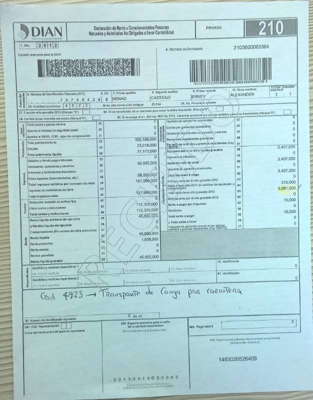 12. Declaración de renta de Erney Alexander (2012)