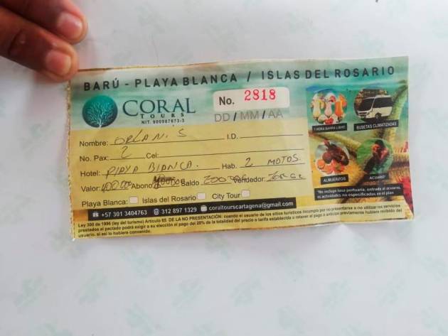 Tiquete del cobro realizado a los turistas. Foto: Cortesía