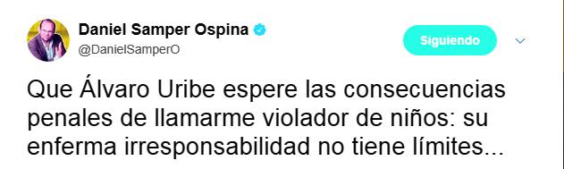 Respuesta de Samper publicada a las 2:45 p.m. FOTO Twitter