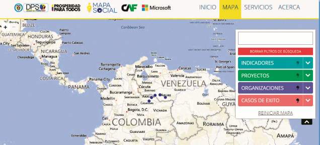 Mapa Social para que los privados ayuden mejor a erradicar pobreza | En www.mapasocial.dps.gov.co, al dar clic en "explorar mapa" aparece este patrón de búsqueda de indicadores y proyectos sociales, georreferenciados por departamentos y municipios. FOTO CORTESÍA