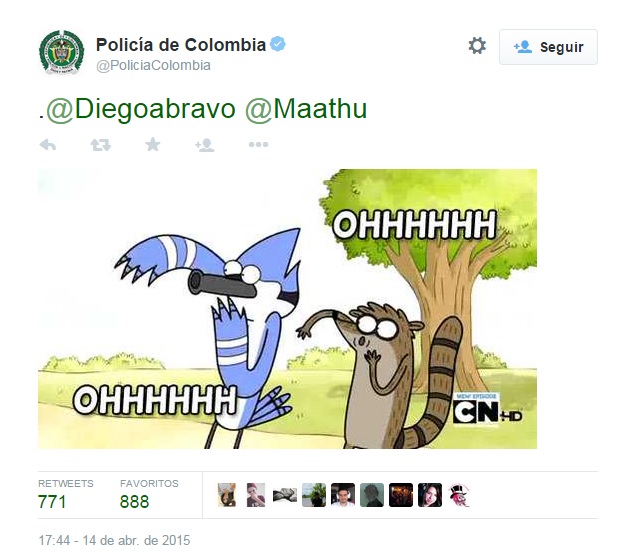 Cuando un usuario de Twitter atacó a la @PoliciaColombia y otro la defendió, la Institución utilizó este meme para intervenir en la discusión. La respuesta tuvo 771 retuits y 888 favoritos.