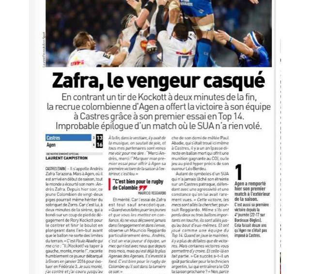 El diario l’Equipe le dedicó una página entera al rugbista colombiano, y destacó su actuación con el Agen. FOTO afp
