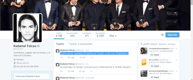 A Falcao se le va en el Twitter que es nuevo jugador del Real Madrid | Foto: https://twitter.com/FALCAO