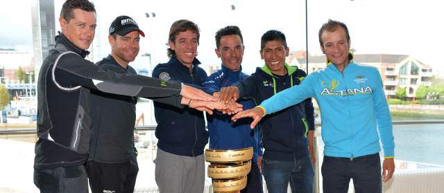 De izquierda a derecha: Nicholas Roche, Cadel Evans, Rigoberto Uran, Joaquim Rodriguez, Nairo Quintana y Michele Scarponi. Foto AP