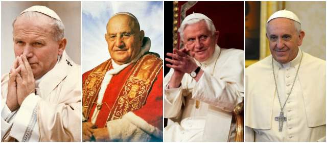 De izquierda a derecha: Juan Pablo II, Juan XXIII, Benedicto XVI y Francisco. Fotos archivo