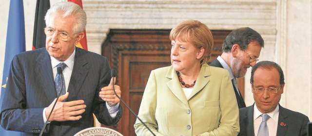 Bancos centrales piden más acción | Los líderes de Italia, Mario Monti; de Alemania, Angela Merkel; de España, Mariano Rajoy y de Francia, Francoise Hollande, reunidos el viernes en Roma en busca de soluciones. FOTO REUTERS