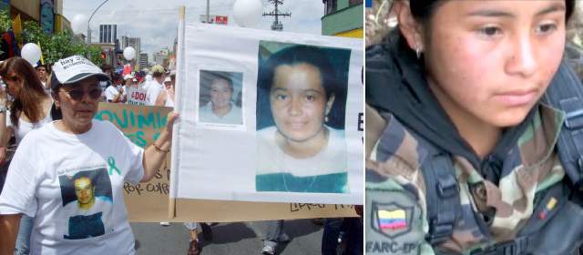 Una imagen avivó ilusión de encontrar viva a Ruth | Dolly Castañeda reclama por su hija secuestrada hace 14 años en una marcha por la libertad. A la derecha, imagen de la guerrillera, a quien identifica como su hija. FOTO ARCHIVO