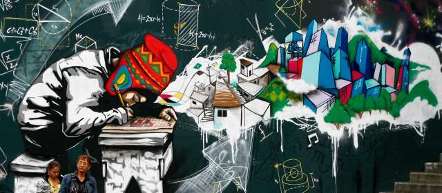 Cristian Camilo es el grafitero bueno de Ruta N | La educación y la ciudad, un grafiti conceptual de Cristian Camilo Osorio, en la parte exterior de la sede de Ruta N. FOTO JAIME PÉREZ