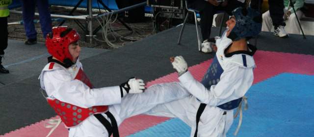 El taekwondo pega donde es | John Jairo Reina pelea por la medalla de oro. El tolimense se impuso en 55 kilos. Abajo, el trío dorado. FOTOS CORTESÍA