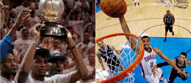 Los Thunder son los nuevos campeones de la Conferencia Oeste | Durant (izq.) con 34 puntos, 14 rebotes, cinco asistencias, dos tapones y una recuperación de balón, fue el gran líder de los Thunder. También fueron decisivos los puntos de Sefolosha (der.) FOTOS REUTERS-AP