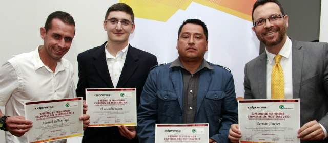 Cuatro reconocimientos en los premios Colprensa | Manuel Saldarriaga, Juan Esteban Vásquez, Juan Antonio Sánchez y Germán Jiménez, durante la premiación. FOTO COLPRENSA
