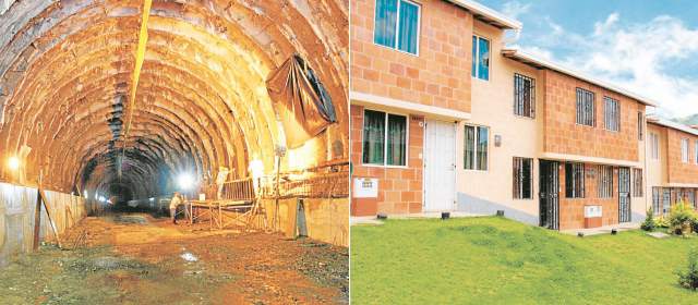A la izquierda uno de los 16 túneles de la doble calzada Cisneros- Loboguerrero (Valle). A la derecha, urbanización Azaleas, de 96 casas, en Bello. FOTOS CORTESÍA