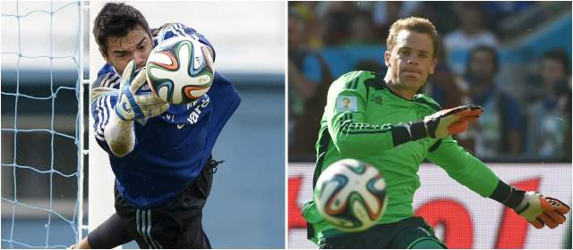 Alemania ensayó hasta lanzamientos de penalti | Sergio Romero y Manuel Neuer, arqueros de Argentina y Alemania. Claves para el título, mañana. FOTO AFP