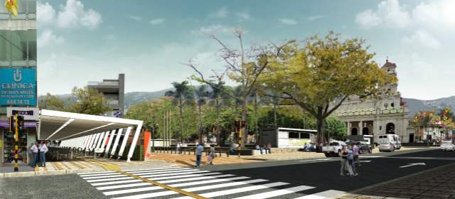 1,4 km de espacio gana Envigado con el nuevo parque | El proyecto también considera que la carrera 43, paralela a la iglesia Santa Gertrudis, sea peatonal. El contratista es Unión Temporal Envigado. IMAGEN CORTESÍA ALCALDÍA.