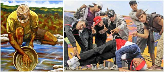 La obra de Rubén Crespo alude a la vida cotidiana de afrodescendientes. A la derecha, Crew peligrosos, grupo de hip hop de la comuna 4.