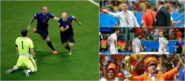 Holanda saborea dulce revancha | Arriba, Wesley Sneijder y Arjen Robben festejan ante Casillas. El contraste de un duelo que sorprendió a todos en el arranque del Grupo B de la Copa Mundo de Brasil. FOTOS Reuters, AFP, AP