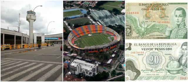De izquierda a derecha: Aeropuerto José María Córdova, Estadio Atanasio Girardot, billetes de 5 y 20 pesos antiguos colombianos. Fotos archivo