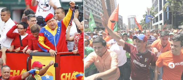 Chávez y Capriles se midieron con multitudinarias marchas | Capriles caminó 14 km en medio de una multitud que concentró a un millón de personas. FOTO AP | Chávez, 14 años en el poder, se movió en un vehículo entre una multitud de socialistas. FOTO AP