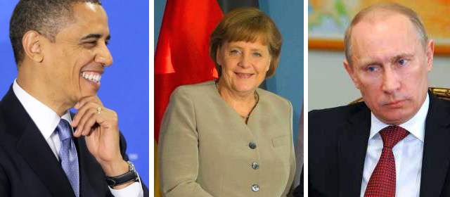 Los tres líderes implicados en el caso de Snowden. Barack Obama, Angela Merkel y Vladimir Putin. FOTOS ARCHIVO