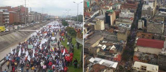Miles de campesinos marchan hacia la Plaza de Bolívar en Bogotá | Fotos: María Fernanda Carrascal @MafeCarrascal y Nicolás Rozo @Nicohc88